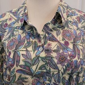 J Jill Blouse Top Yellow Paisley Floral Print Large Dragonflies Bugs Insects